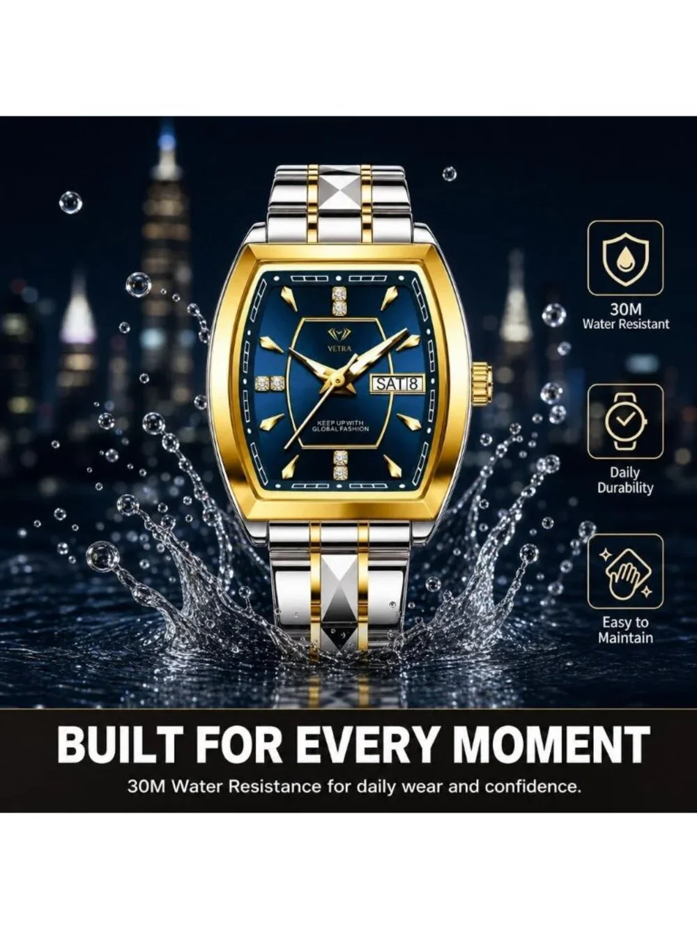 Women's Blue Two Tone Stainless Steel Waterproof Casual Dress Date Wrist Watch
